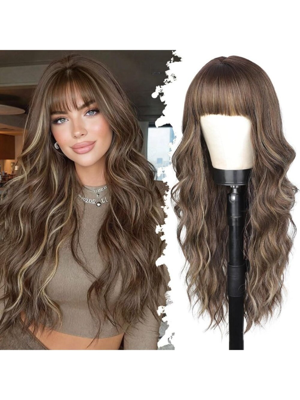 Women's Fashion Brown Highlight Long Natural Looking Wavy Curly Wig with Bangs